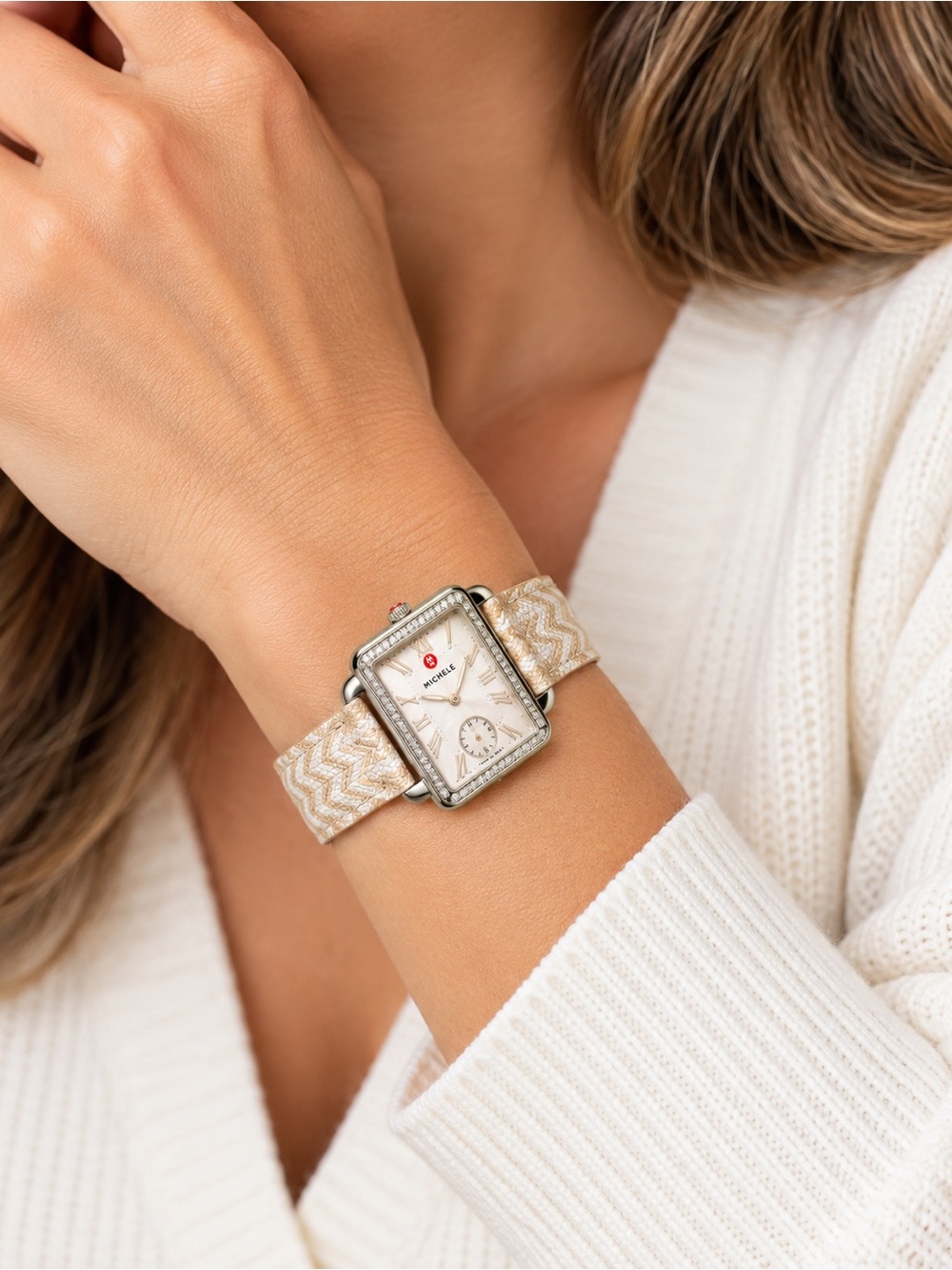 Michele Geometric Watch Band in Beige & White leather made in France 18mm
